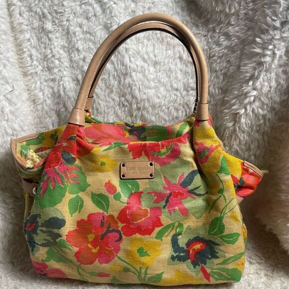 Kate Spade Burlap painted floral prints shoulder bag tan leather straps &trims - Picture 5 of 16